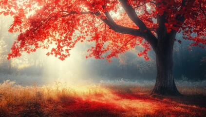 Autumnal sunbeams on a vibrant red tree