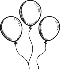 Black and white balloons accent a dancing woman's silhouette, a beautiful fashion illustration