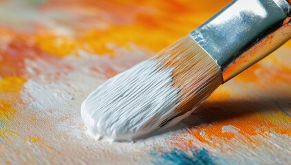 Fototapeta premium Close-up of a paintbrush dipped in white paint, poised over a vibrant colorful canvas