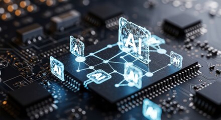 Glowing AI Network on a Dark Circuit Board, Close-Up of Technology Integration