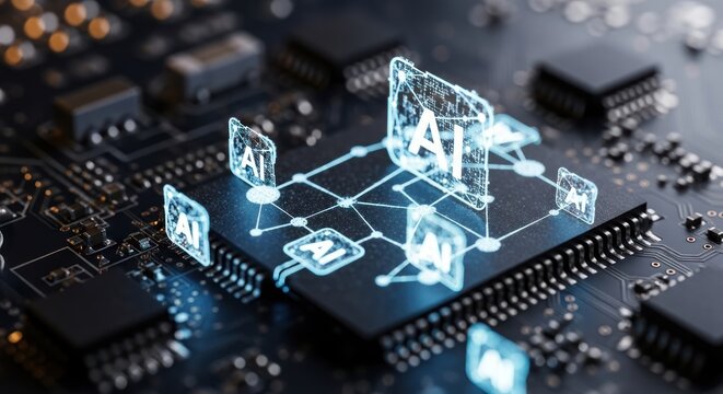 Glowing AI Network on a Dark Circuit Board, Close-Up of Technology Integration - Powered by Adobe