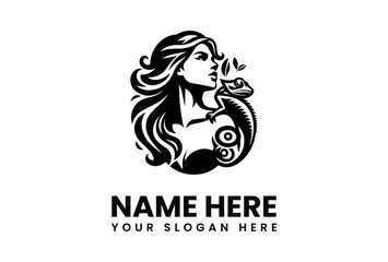Elegant Womans Profile with Chameleon Black and White Stylized Logo.