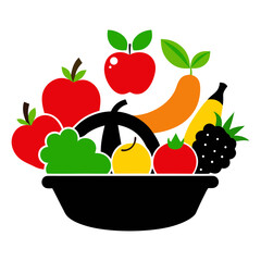 Vector art illustration of fruits and vegetables arranged in a basket