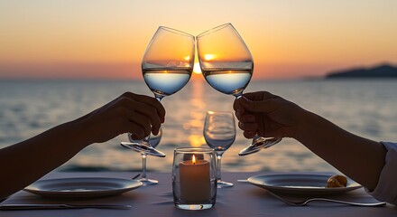 A romantic couple celebrates with a toast, clinking wine glasses together against a breathtaking sunset over the ocean. 