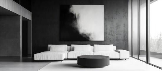 Modern minimalist living room with large abstract art piece, white sectional sofa and round coffee table against dark gray textured walls