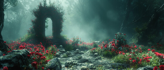 Haunted Gothic Archway with Skulls and Red Flowers – Halloween Background