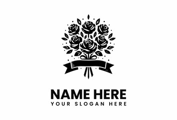 Elegant Black and White Rose Bouquet Logo Design with Banner.