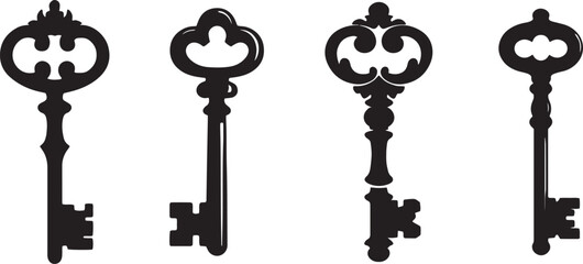 Vintage Key Silhouette Vector Icons Set for Lock and Security Design