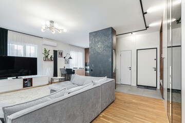 modern living room with kitchen