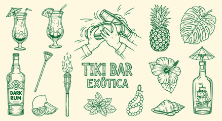 Tiki Bar Exotica vector illustration set. Vintage engraving style graphics of tropical cocktails, rum, pineapple, and hibiscus for menu, party, and summer design projects. © MH HASIB