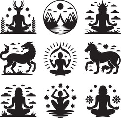 A vector set of Halloween animal silhouette icons featuring a black cat, bat, ghost, and pumpkin designs