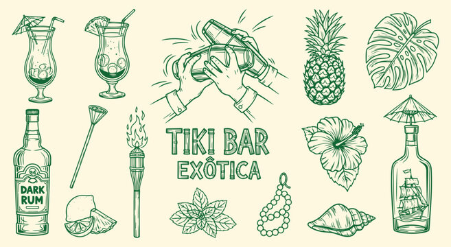 Tiki Bar Exotica vector illustration set. Vintage engraving style graphics of tropical cocktails, rum, pineapple, and hibiscus for menu, party, and summer design projects.