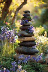 Obraz premium Serene Stone Cairn with Purple Flowers.