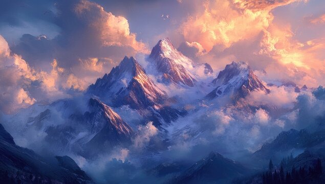 Majestic mountain range, capped with snow, bathed in a warm sunset glow, amidst swirling clouds - Powered by Adobe