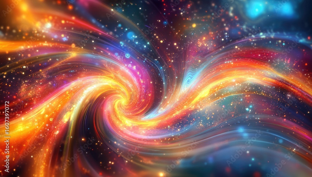 Poster abstract swirling cosmic nebula. vibrant colors swirl in a dynamic spiral pattern against a deep spa