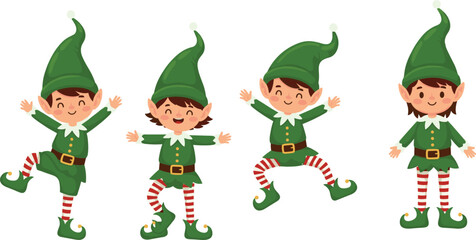 Cartoon elf character lineup vector with playful holiday poses—green outfits, curled shoes, striped stockings—festive illustration ideal for Christmas scenes, Santa helpers, or seasonal branding
