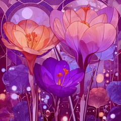 Digital illustration of crocus flowers in an art nouveau and art deco style, featuring vibrant spring colors, stained glass effects, and fantastical floral compositions