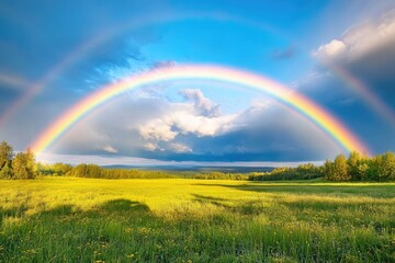 Naklejka premium Double rainbow arches over a vibrant field