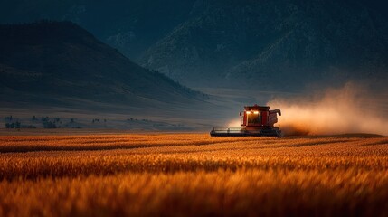 Fototapeta premium Golden wheat field, harvester at dusk