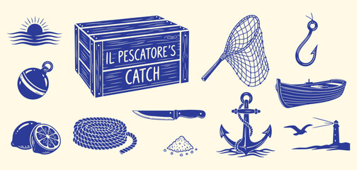 Il Pescatore's Catch vector illustration set. Vintage engraving style nautical and fishing elements like boat, anchor, net, and crate for seafood, restaurant, and marine design. © MH HASIB