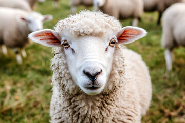 Grazing sheep in a lush green meadow under bright sunlight