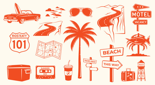 Vintage American road trip vector illustration set. Retro style graphics with car, motel sign, map, palm tree, and cooler for travel, vacation, and summer holiday design.