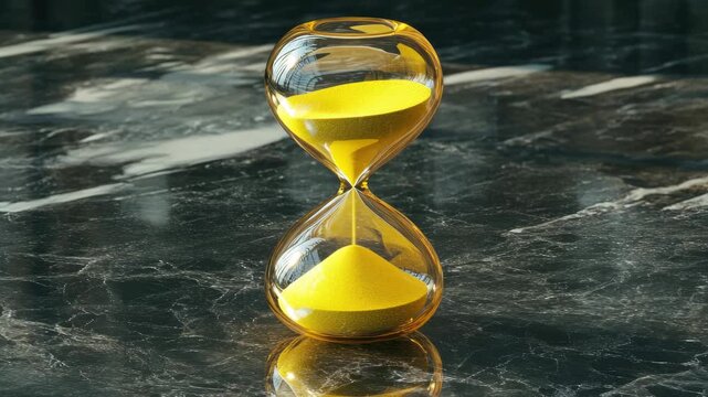 A glass hourglass with yellow sand, showing time as if it has just stopped. Analog clock with traditional design.