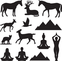 Black vector silhouettes of various animals including dogs, cats, horses, and deer, forming a diverse wildlife and farm animal collection
