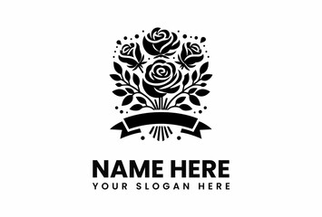 Elegant Black Rose Bouquet Logo with Ribbon and Decorative Elements.