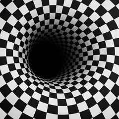 A tunnel-like optical illusion is created using a black and white checkered pattern, giving a dizzying sense of depth