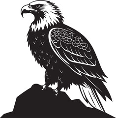 Black vector illustration of a cartoon bald eagle with outstretched wings, perched on a branch, or in flight against a white background, perfect for nature and wildlife designs