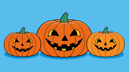 Halloween pumpkins with scary faces on blue background. Vector illustration.