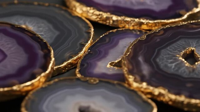 Macro shot of sliced purple and gray agate stones featuring shimmering gold veins and intricate natural patterns.