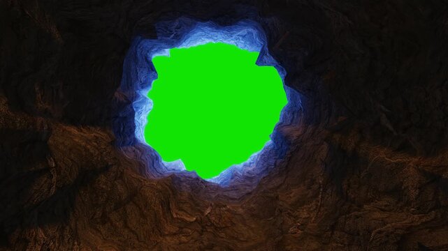 A cave tunnel - the camera moves up towards exit with green screen