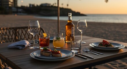 A romantic and idyllic beach dining experience is captured at sunset. 