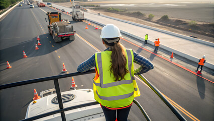 Woman in hard hat and safety vest supervises road construction 1