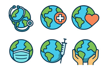 Set of 6 colorful globe icons focusing on worldwide healthcare and wellness. Ideal for public health projects and civic design.