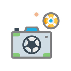 Retro camera with soccer ball lens on black background