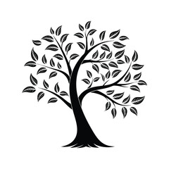 Stylized Tree Silhouette with Leaves – Black and White Vector Illustration