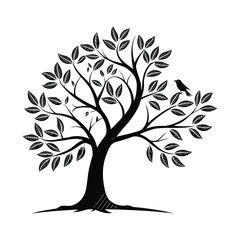 Stylized Tree Silhouette with Leaves – Black and White Vector Illustration