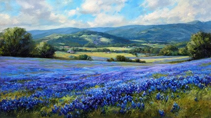 Vast field of vibrant bluebonnets, hills beyond