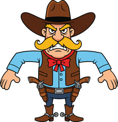 Cartoon cowboy character vector illustration featuring angry expression, yellow mustache, large hat, revolvers, boots and vest—flat design icon for Western theme graphics