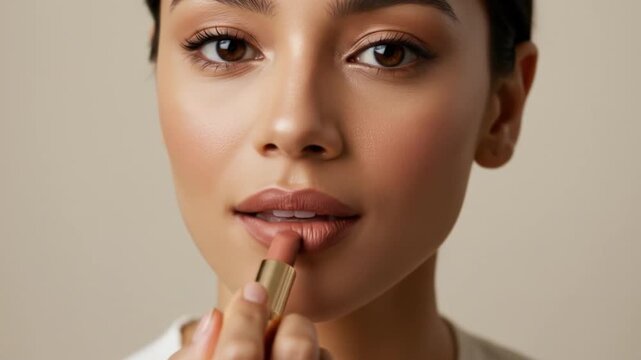 Woman applying nude lipstick
