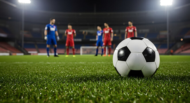 Close Up of Soccer Ball on Green Field with Players in Red and Blue Uniforms Under Bright Stadium Lights