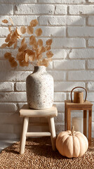 Rustic autumn arrangement with dried leaves pumpkin and lantern fall seasonal