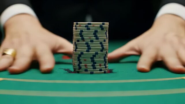 High stakes poker player goes all-in with a stack of chips, close-up