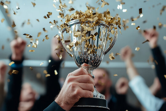 Celebrating a personal achievement with a trophy and confetti
