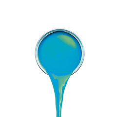 Top view of a vibrant blue paint can pouring a stream of liquid, isolated on a clean white background for creative projects