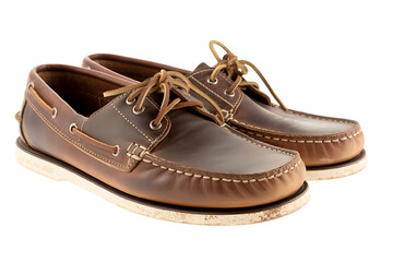Naklejka premium Classic brown leather boat shoes with white soles isolated on transparent background