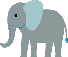 Cute Cartoon Elephant in Grey with Light Blue Ears and Curved Trunk